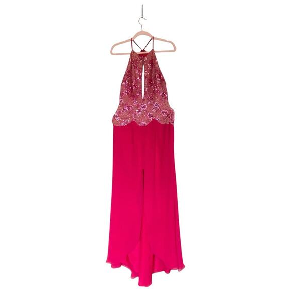 JOVANI Hot Pink Sequin Halter Evening Gown Formal Size 12 Leg Slit Sexy Prom - Picture 1 of 9